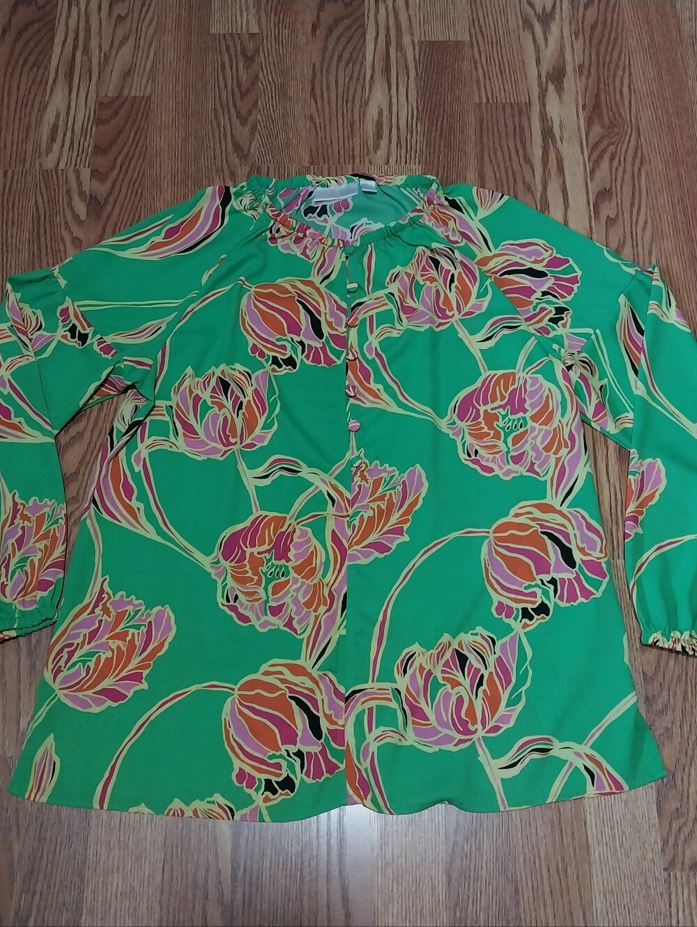 Belle Kim Gravel Boho Peasant Blouse Women Size S Green Flowy Long Sleeve Top